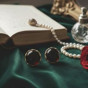 Vintage Liz Claiborne Gold Tone Red Cabochon Clip On Earrings